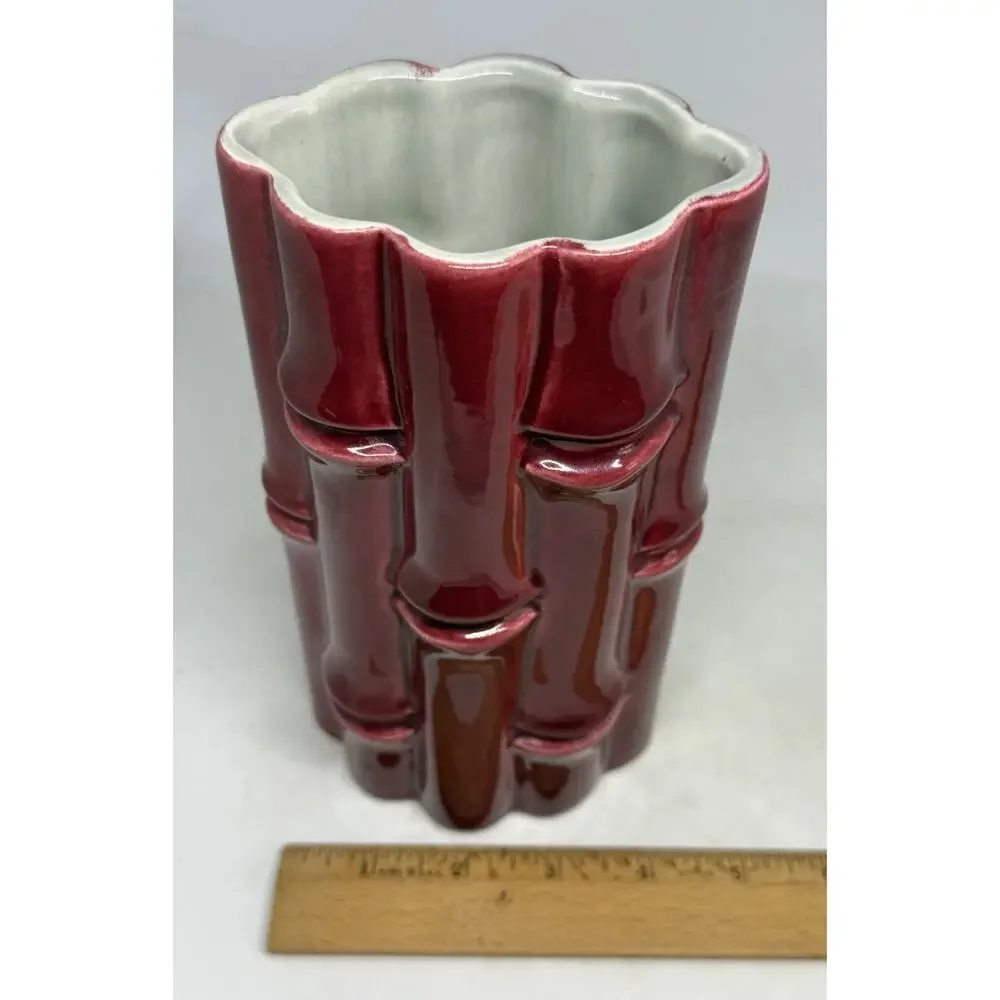Red Wing USA Burgundy Bamboo Ceramic 7.5” Tall Vase #400 Light Grey interior VTG